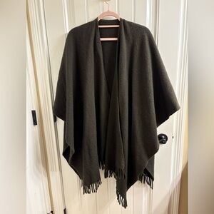 Made in Italy Wool-Cashmere Open Fringed Poncho Olive Moss Green Cape Wrap OS
